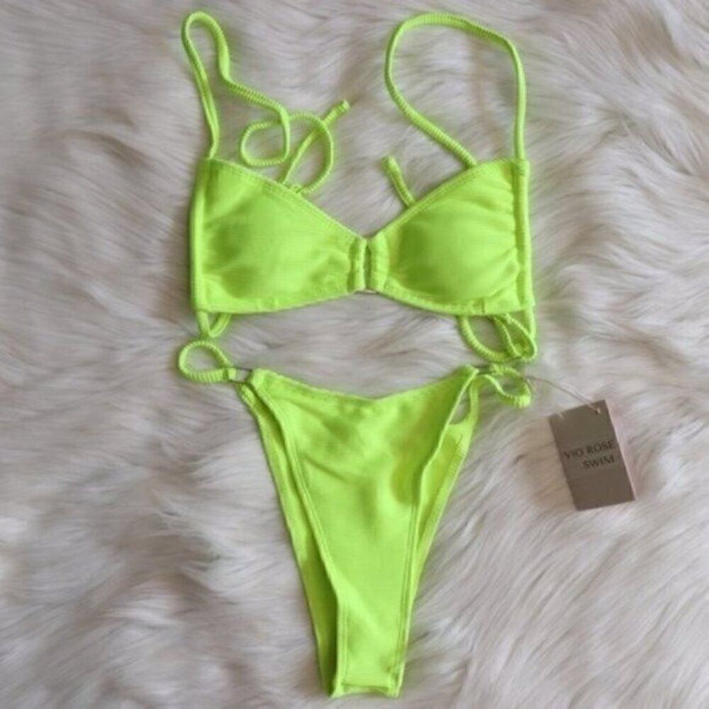 NWT Neon Green Bikini Set Size Large Ribbed Sexy Bathing Suit - Picture 4 of 9